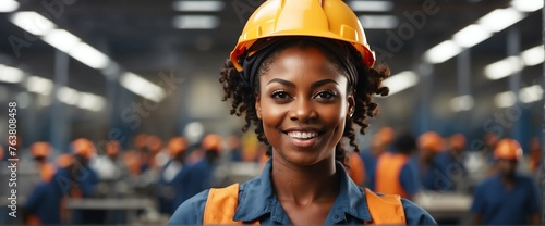 Black african female factory worker smiling looking at the camera, copy space banner template backdrop from Generative AI