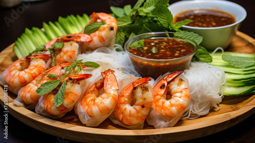 A platter of Vietnamese summer rolls filled with shrimp