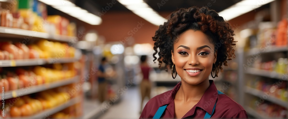 Female black african grocery supermarket clerk worker employee on foods section smiling looking on camera, copy space banner template backdrop from Generative AI