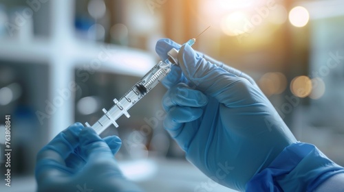 Concept fight against virus covid-19 corona virus, doctor or scientist in laboratory holding a syringe with liquid vaccines for children or older adults,Concept:diseases,medical care,science. photo
