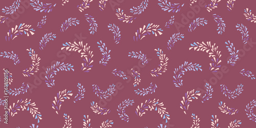 Seamless pattern abstract painted branches with tiny shapes drops, spots, dots. Simple minimalist brown background. Vector hand drawing sketch. Collage for designs, printing
