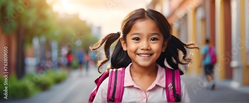 Happy smiling filipino little kid girl carrying a backpack going back to school looking at the camera, copy space banner template backdrop from Generative AI photo