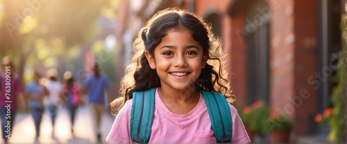 Happy smiling hispanic mexican little kid girl carrying a backpack going back to school looking at the camera, copy space banner template backdrop from Generative AI