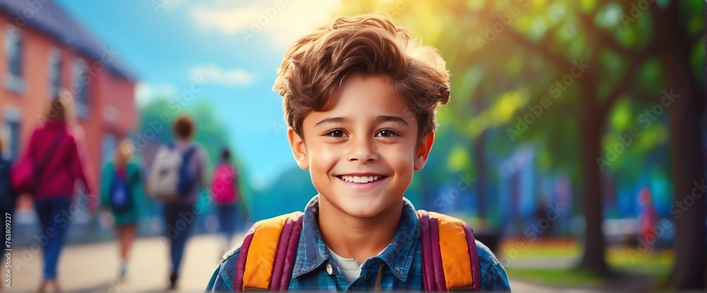 Happy smiling little kid boy carrying a backpack going back to school ...