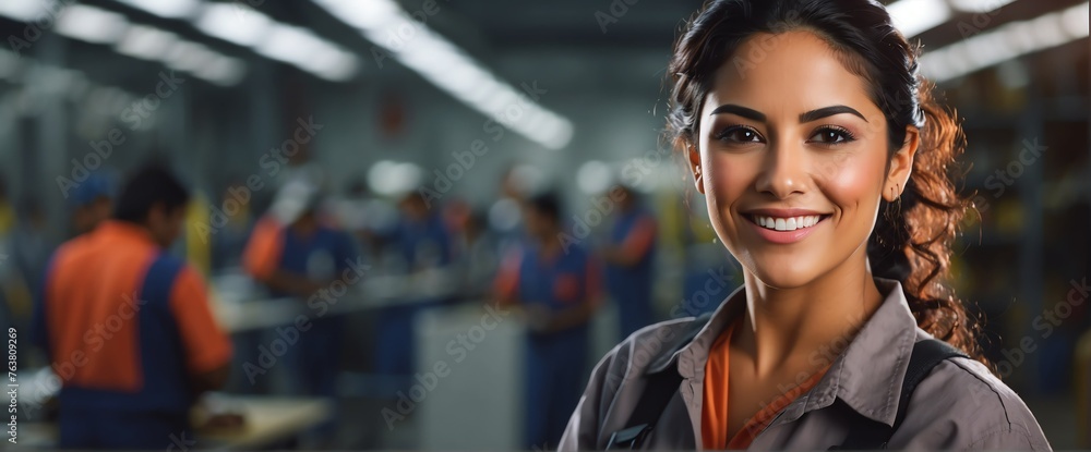 Hispanic mexican female factory worker smiling looking at the camera, copy space banner template backdrop from Generative AI Hispanic mexican female factory worker smiling looking at the camera, copy space banner template backdrop from Generative AI