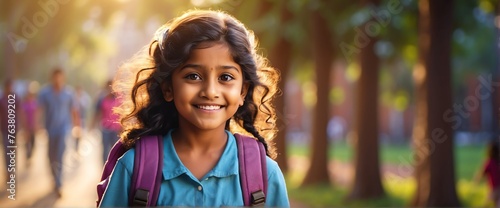 Happy smiling indian little kid girl carrying a backpack going back to school looking at the camera, copy space banner template backdrop from Generative AI