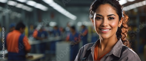 Hispanic mexican female factory worker smiling looking at the camera, copy space banner template backdrop from Generative AI photo