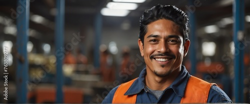 Hispanic mexican male factory worker smiling looking at the camera, copy space banner template backdrop from Generative AI photo