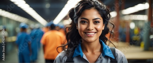 Immigrant female factory worker smiling looking at the camera  copy space banner template backdrop from Generative AI