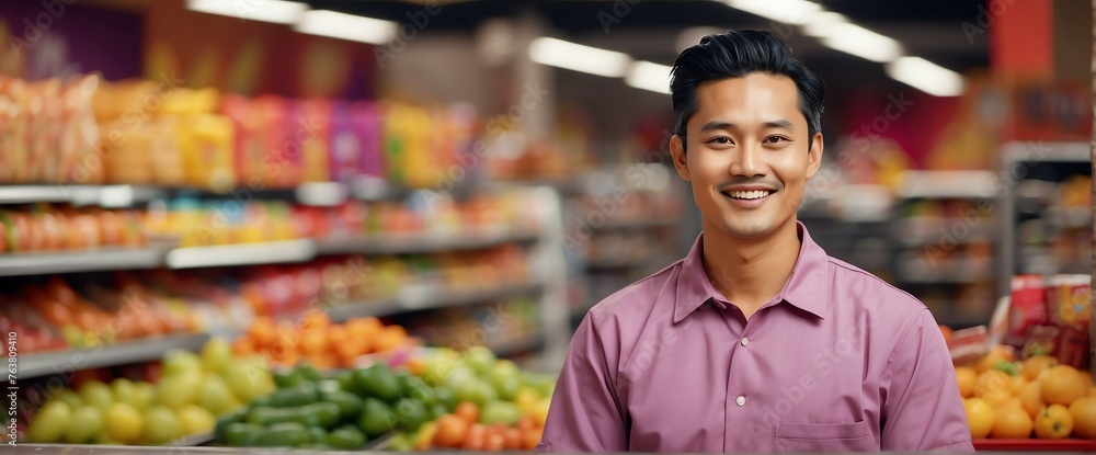 Male asian grocery supermarket clerk worker employee on foods section smiling looking on camera, copy space banner template backdrop from Generative AI