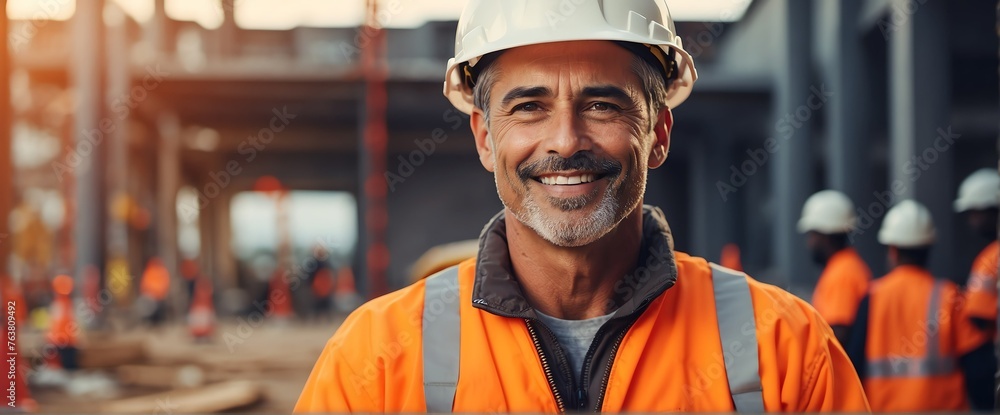 Male engineer architect on construction site smiling looking at the camera, copy space banner template backdrop from Generative AI Male engineer architect on construction site smiling looking at the camera, copy space banner template backdrop from Generative AI