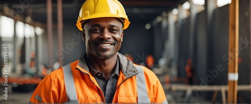 Male black African engineer architect on construction site smiling looking at the camera, copy space banner template backdrop from Generative AI © Arceli