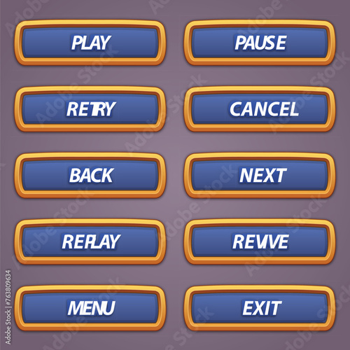 A collection of eight colorful game buttons with various command labels for gaming interfaces