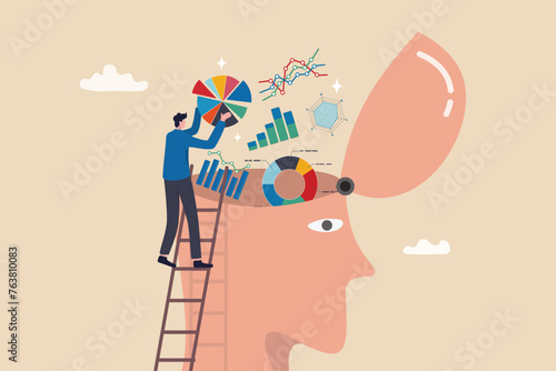 Data scientist, research information or data analysis, intelligence info or knowledge to analyze report, big data or genius concept, businessman put graph diagram report on human head brain.