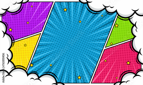 Colorful comic pop art panel background with cloud and star