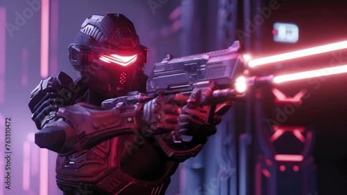 A fierce warrior with glowing red eyes grips his advanced laser blaster ready to take on any challengers in the FPS cyber tournament.