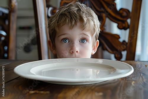 Young boy kid in front of an empty plate , starvation and undernutrition concept image for topic related to child nutritional deficiencies photo