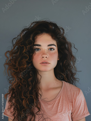 Natural look of a young lady with luscious curly hair and a casual, relaxed demeanor