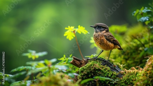 Cute little bird Stonechat. Green Nature background. Bird: European Stonechat. Saxicola rubicola. photo