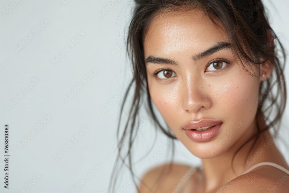 Smiling brunette woman with beautiful hair posing in a close-up studio portrait Smiling brunette woman with beautiful hair posing in a close-up studio portrait