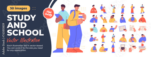 Character Illustration. Mega Bundle. Collection scenes of School, study, education, knowledge, learning, student. Vector Illustration