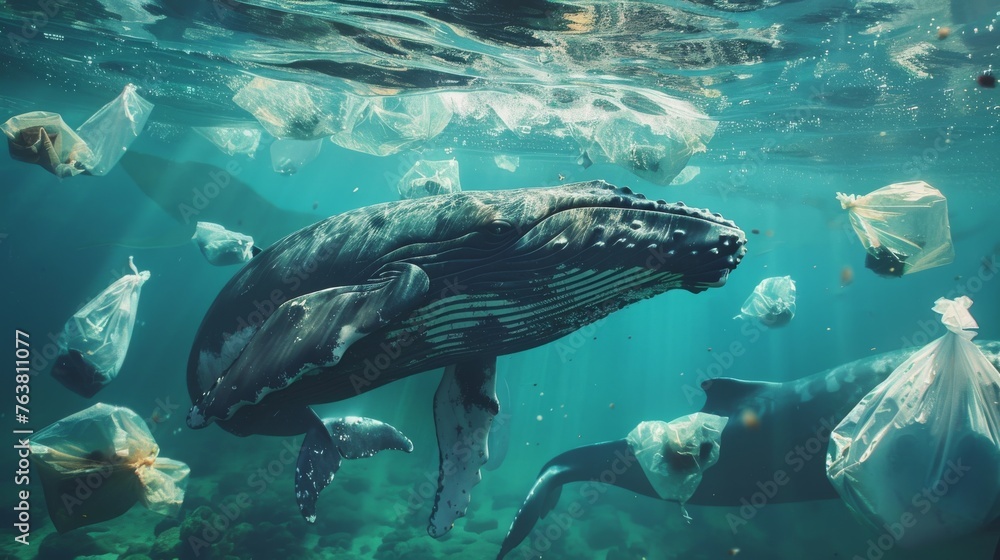 Fototapeta premium A humpback whale swims through clear blue waters filled with plastic bags, illustrating the pervasive issue of ocean pollution.