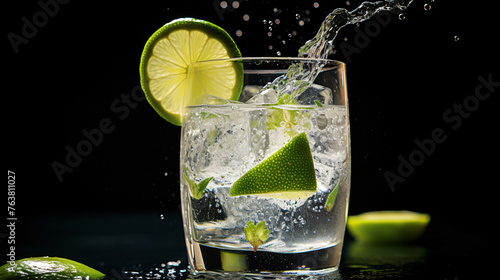 A refreshing gin and tonic with a slice of lime.