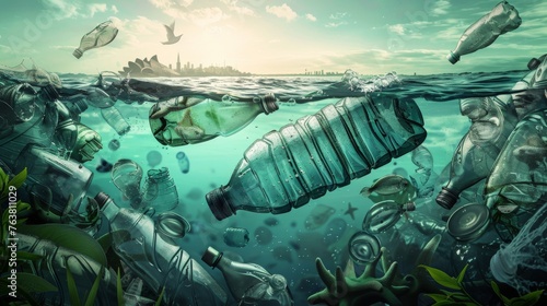 A vivid portrayal of plastic bottles and waste dominating the water surface with a city skyline in the background.