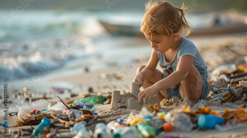 Young child builds a sandca...