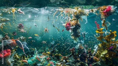 Underwater landscape showing diverse marine species alongside plastic waste  underlining urgent environmental concerns.