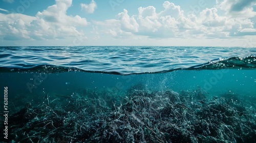 Split perspective of a serene ocean, showing a tranquil water surface above and a vibrant underwater scene below.