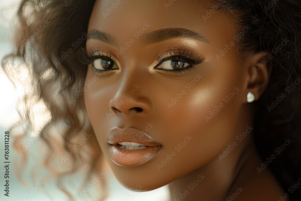 A Nigerian beauty model, captured in a high-resolution DSLR shot with an 85mm prime lens, her face exuding confidence and allure, set in a bright studio A Nigerian beauty model, captured in a high-resolution DSLR shot with an 85mm prime lens, her face exuding confidence and allure, set in a bright studio