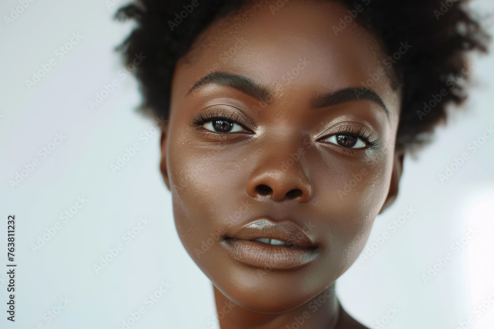 A Nigerian beauty model, captured in a high-resolution DSLR shot with an 85mm prime lens, her face exuding confidence and allure, set in a bright studio A Nigerian beauty model, captured in a high-resolution DSLR shot with an 85mm prime lens, her face exuding confidence and allure, set in a bright studio