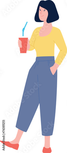 Young woman walking with cup in hand. Takeaway drink