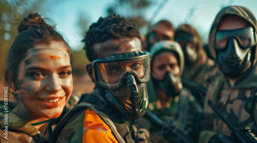 soldier in camouflage, A diverse group of friends engaged in a friendly and competitive game of paintball 
