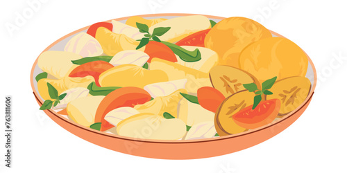 Ackee and salt fish. Traditional Jamaican dish of cod and ackee fruit. Caribbean breakfast served on a plate with fried bananas and corn buns. Vector illustration in flat style. Pesceterian cuisine.