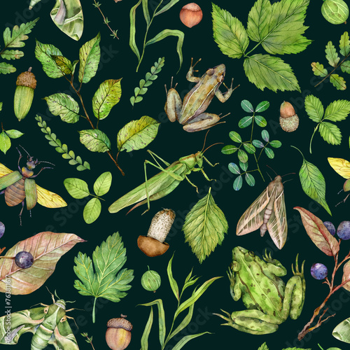 Watercolor seamless pattern with moth, frogs, mushrooms, grasshopper, strawberry leaves, raspberries, acorns, grass, twigs. Hand painted forest illustration isolated on dark background.