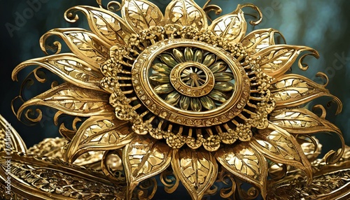 golden ornament on the wall, Old fashioned sunflower brooch made of gold with intricate design set against