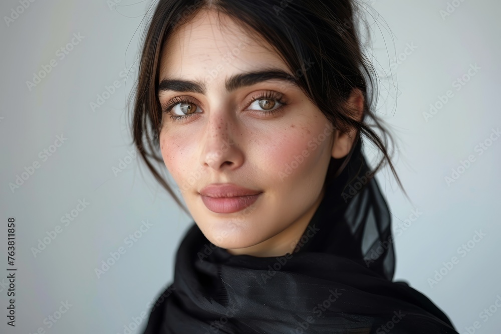 Smiling woman with brunette hair and glamorous makeup in a close-up studio portrait Smiling woman with brunette hair and glamorous makeup in a close-up studio portrait