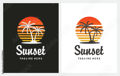 Palm Sunset Sun Summer Beach Travel logo design inspiration
