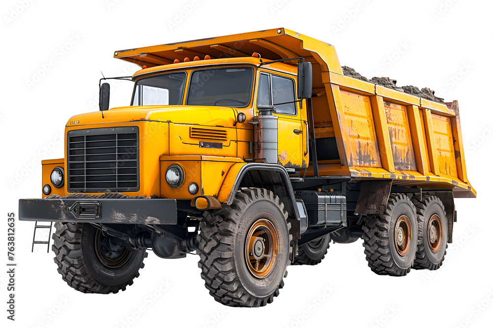 A 3D animated cartoon render of a yellow dump truck carrying construction materials.
