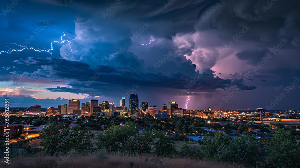 clouds over city, A dramatic lightning storm over an urban skyline with buildings illuminated
