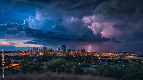 clouds over city, A dramatic lightning storm over an urban skyline with buildings illuminated