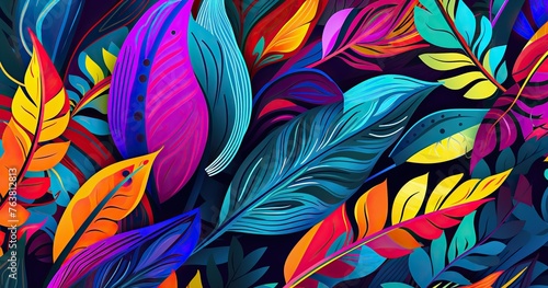 A beautifull vibrant and colorful pattern featuring bold, abstract shapes in various shades of green, orange, pink, blue, yellow, white and purple, and black © ofri