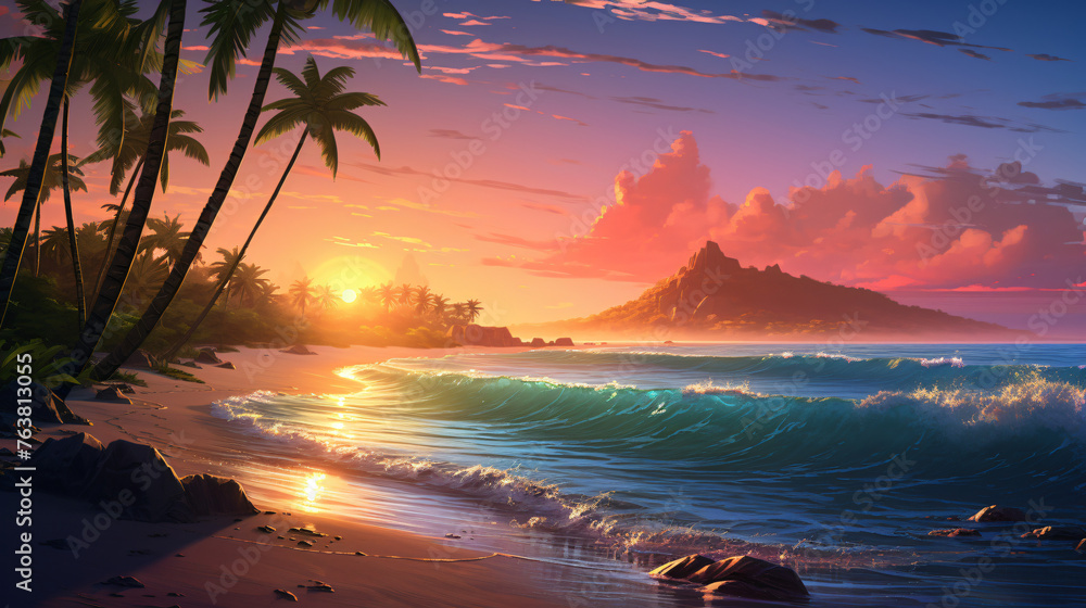 A serene beach at sunset with palm trees and gentle