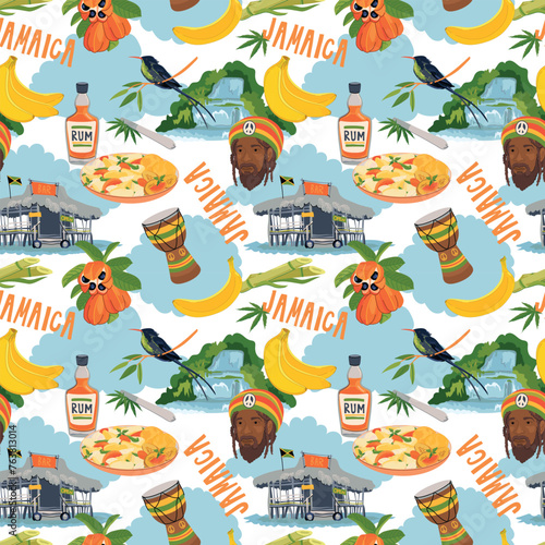 Seamless pattern in Rasta colors. Jamaican vector pattern. Rum, ackee fruit, hummingbird, waterfall, beach bar, rastafarian, giant drum in flat style on white background.