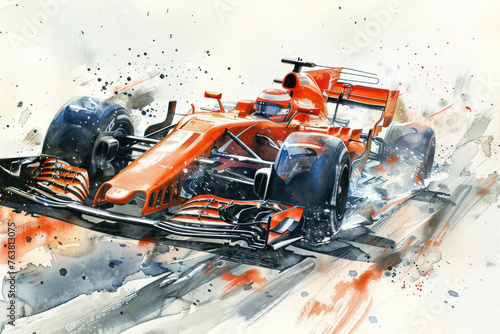 Orange watercolor painting of sport car racing in formula 1 competition