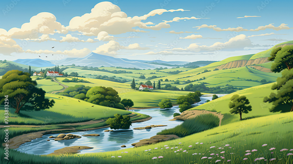 A serene countryside scene with rolling hills and a wi