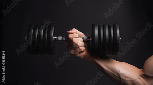 Close-up of a Strong Arm Holding a Heavy Dumbbell Against a Dark Background