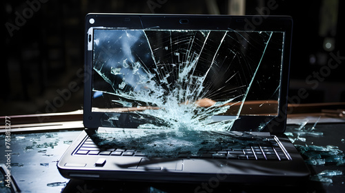 Shattered Laptop Screen with Glass Pieces Exploding Outwards